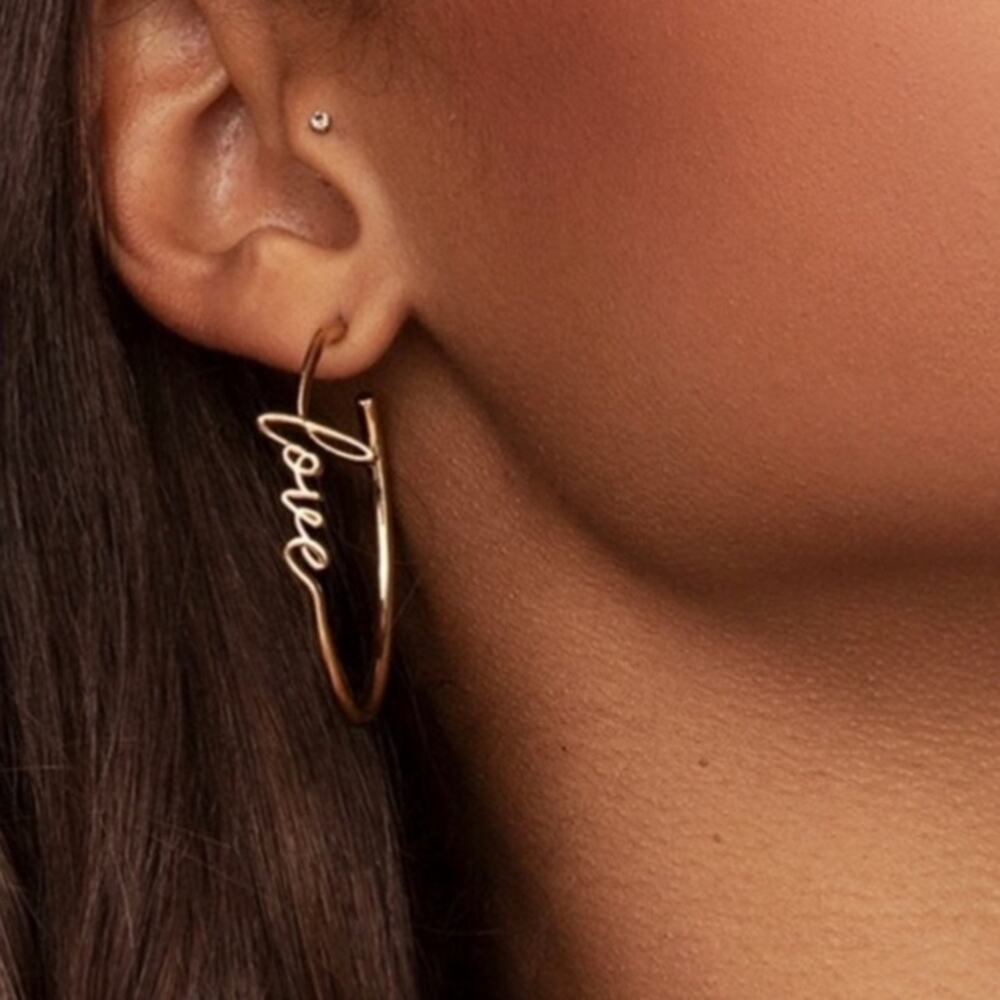 Kleinfeld scripted "Love" Gold Hoop Earrings NWT in gift box